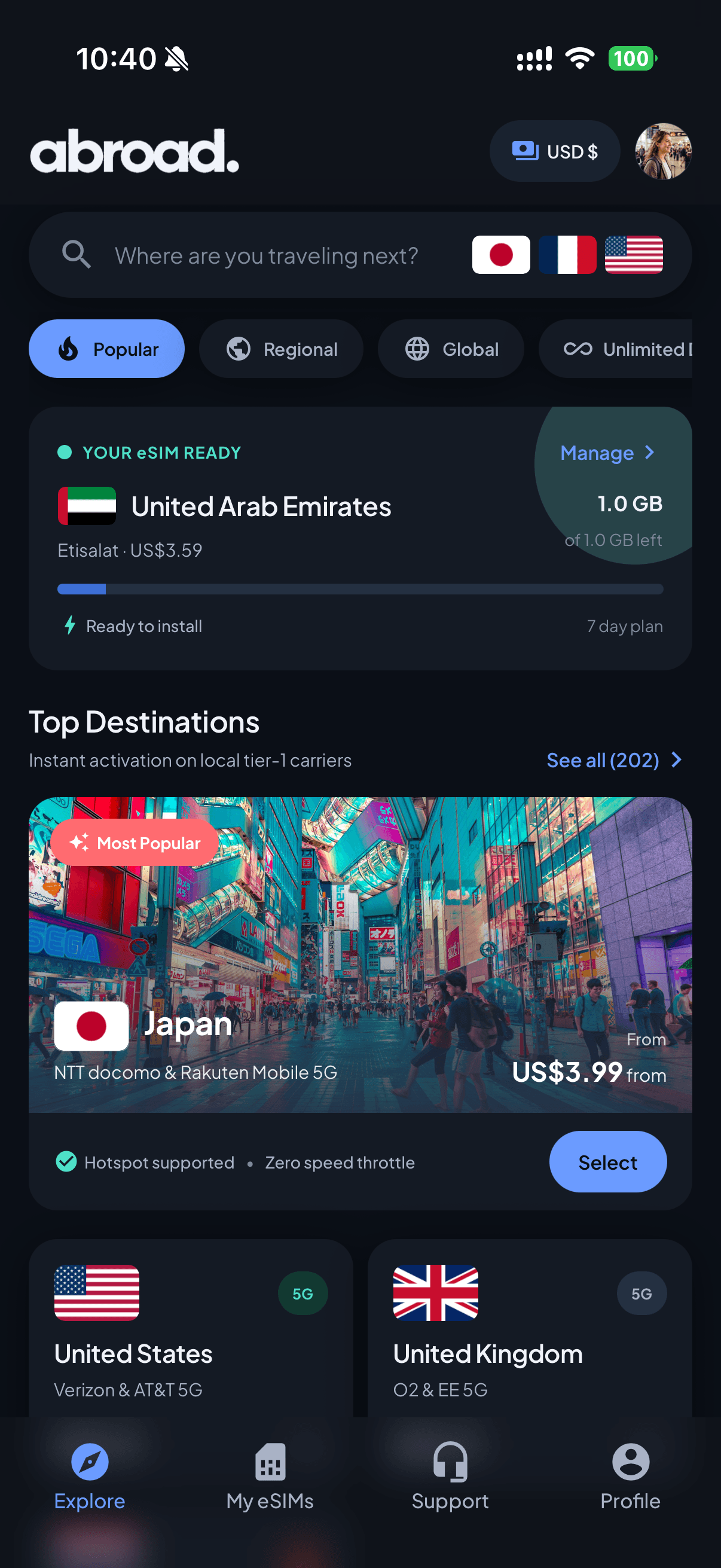 Abroad app — explore destinations and manage eSIMs